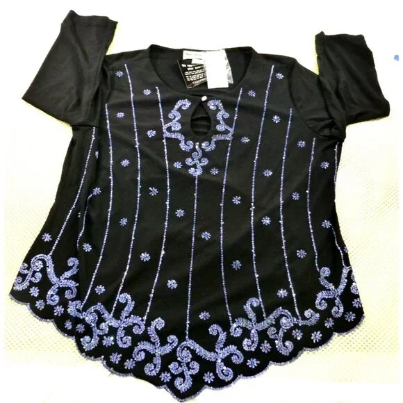 Another Thyme Black & Blue Beaded 3/4 Sleeve Top Scalloped Hem Size 2X USA Made - Picture 1 of 12
